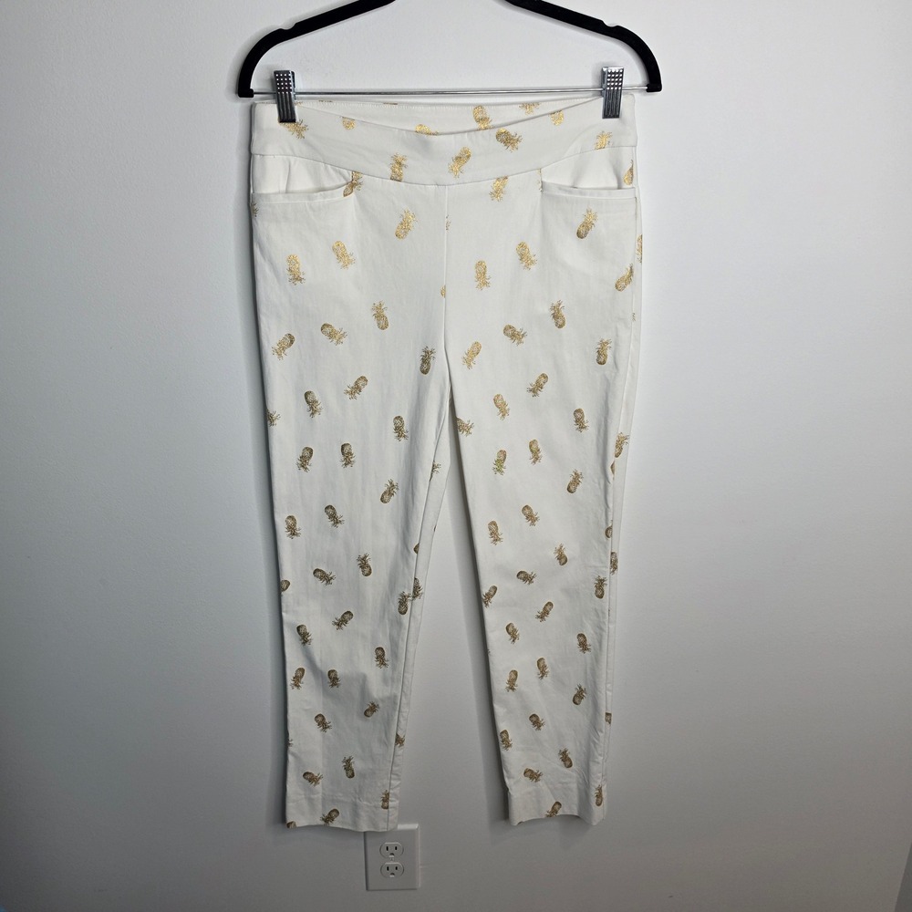 Chico's Pineapple Print Pants Womens 0 (4) White Gold Ankle Pull On